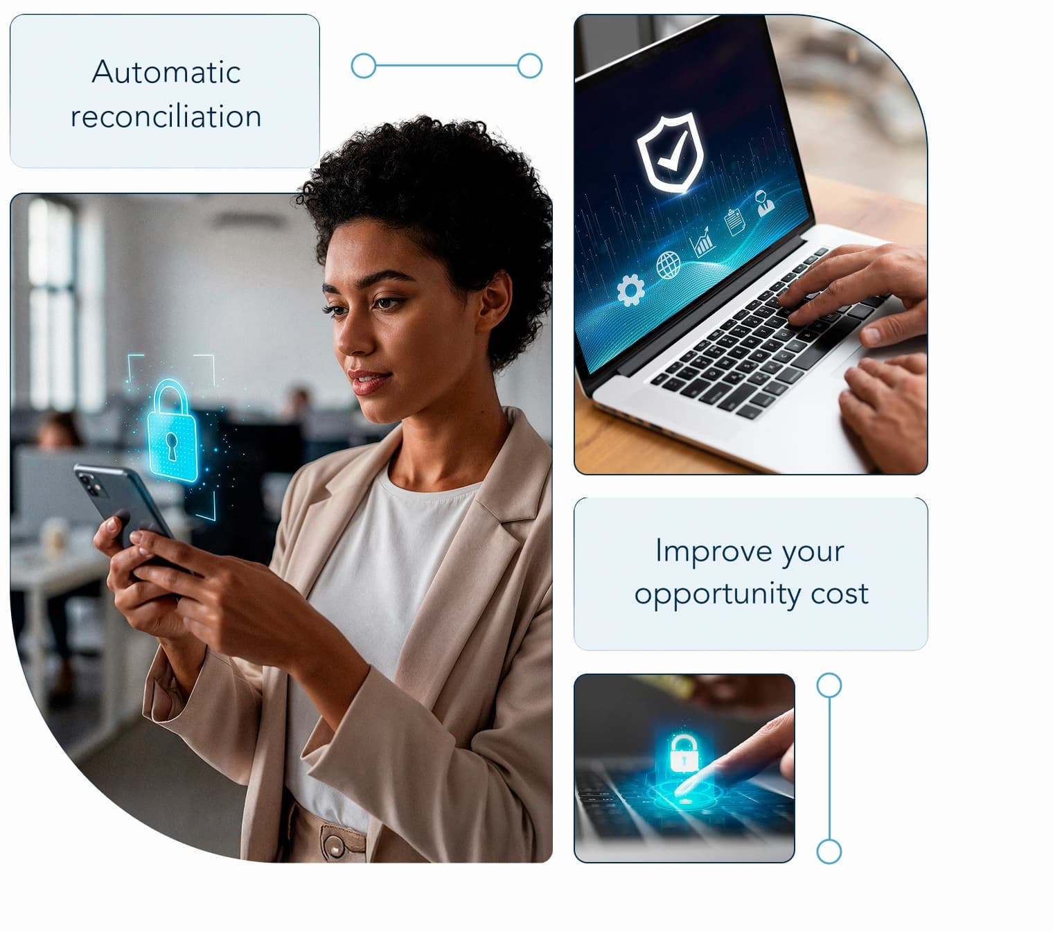 Professional operating securely from her phone: automatic settlement and a better opportunity cost.